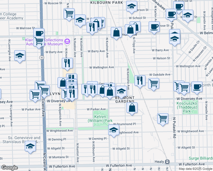 map of restaurants, bars, coffee shops, grocery stores, and more near 2913 North Kostner Avenue in Chicago