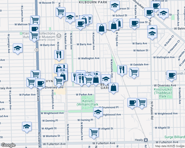 map of restaurants, bars, coffee shops, grocery stores, and more near 2913 North Kostner Avenue in Chicago