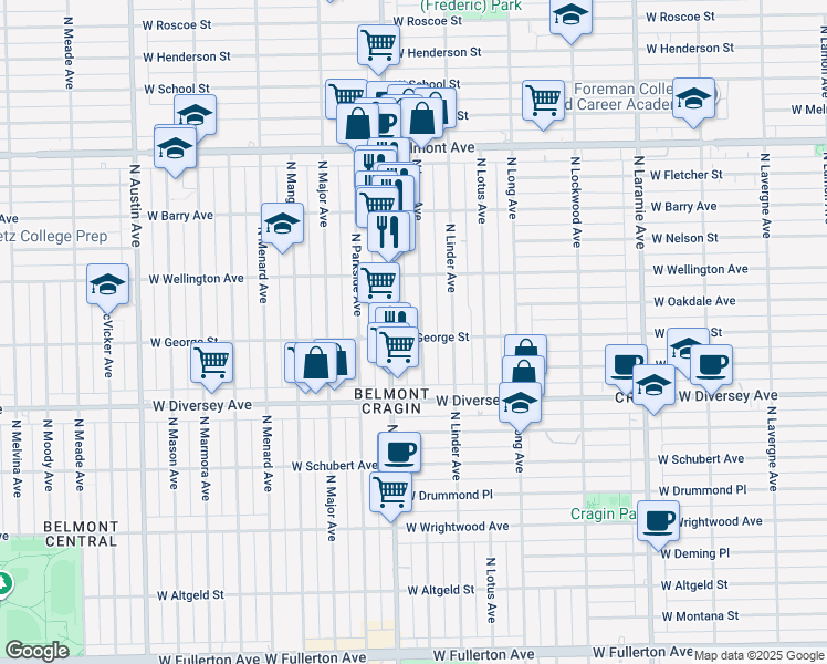 map of restaurants, bars, coffee shops, grocery stores, and more near 2931 North Luna Avenue in Chicago