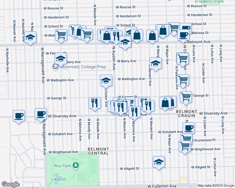 map of restaurants, bars, coffee shops, grocery stores, and more near 2935 North Austin Avenue in Chicago