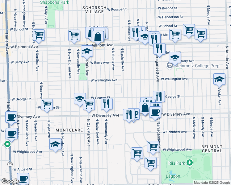 map of restaurants, bars, coffee shops, grocery stores, and more near 2938 North Natoma Avenue in Chicago