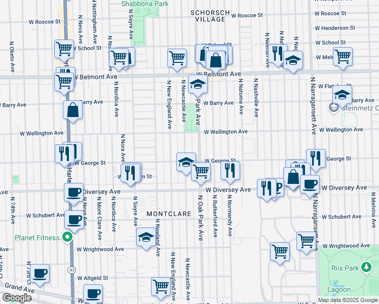 map of restaurants, bars, coffee shops, grocery stores, and more near 3011 North Newcastle Avenue in Chicago