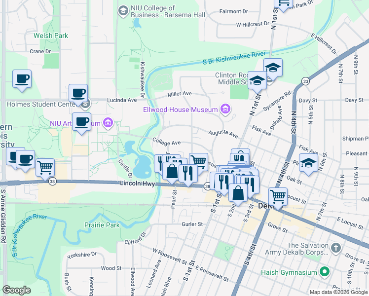 map of restaurants, bars, coffee shops, grocery stores, and more near 431 College Avenue in DeKalb