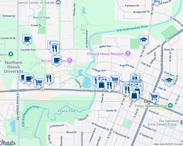 map of restaurants, bars, coffee shops, grocery stores, and more near 515 College Avenue in DeKalb