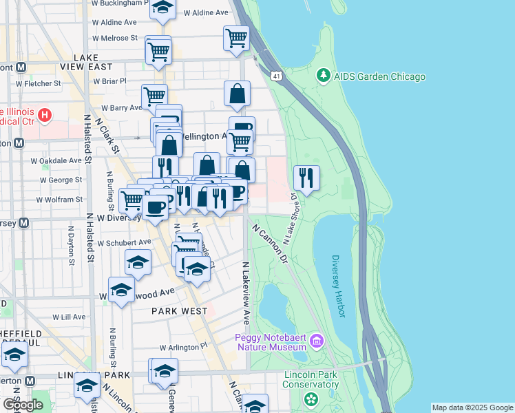 map of restaurants, bars, coffee shops, grocery stores, and more near 330 West Diversey Parkway in Chicago