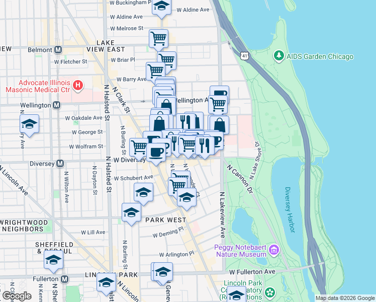 map of restaurants, bars, coffee shops, grocery stores, and more near 501 West Surf Street in Chicago
