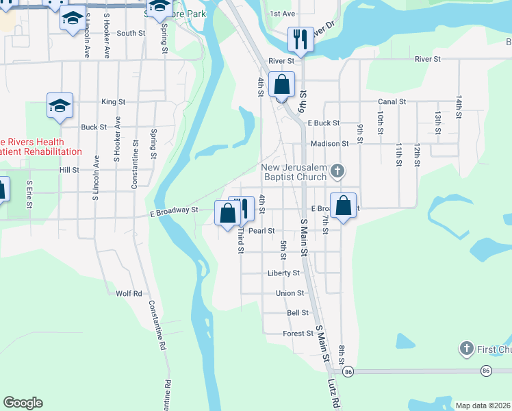 map of restaurants, bars, coffee shops, grocery stores, and more near 309 State Street in Three Rivers