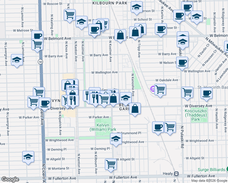 map of restaurants, bars, coffee shops, grocery stores, and more near 2913 North Kostner Avenue in Chicago