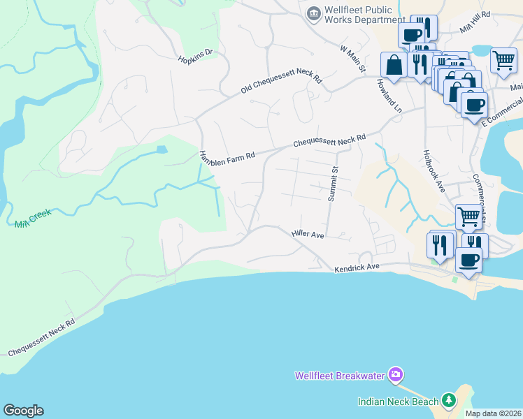 map of restaurants, bars, coffee shops, grocery stores, and more near 345 Chequessett Neck Road in Wellfleet