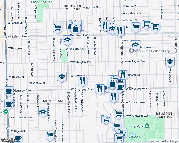 map of restaurants, bars, coffee shops, grocery stores, and more near 2938 North Natoma Avenue in Chicago