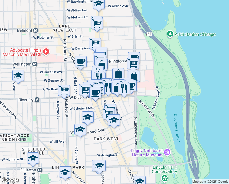 map of restaurants, bars, coffee shops, grocery stores, and more near 522 West Diversey Parkway in Chicago