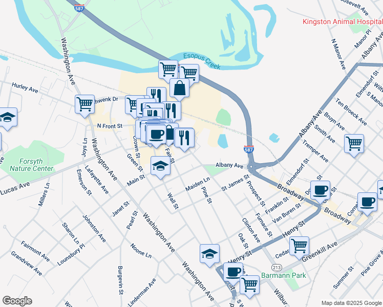 map of restaurants, bars, coffee shops, grocery stores, and more near 2 Main Street in Kingston