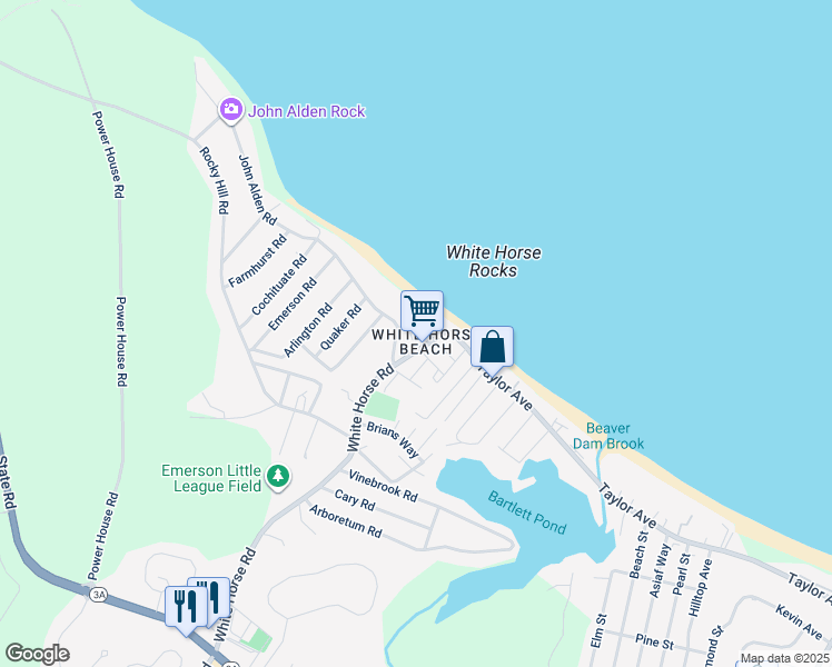 map of restaurants, bars, coffee shops, grocery stores, and more near 58 Priscilla Beach Road in Plymouth
