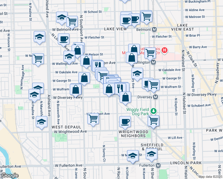 map of restaurants, bars, coffee shops, grocery stores, and more near 2853 North Lincoln Avenue in Chicago