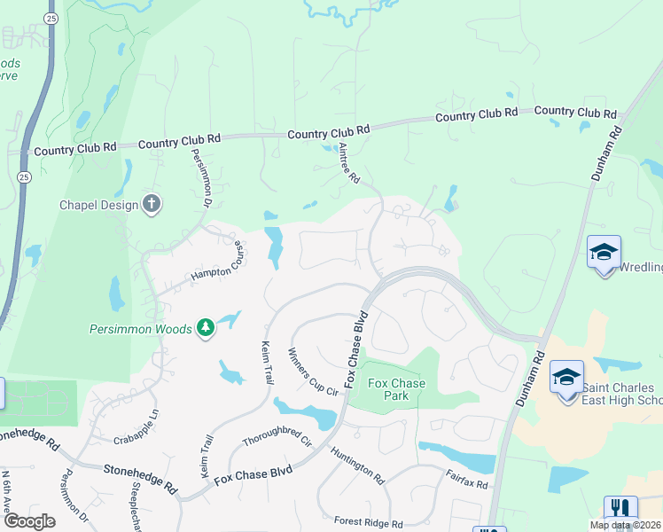 map of restaurants, bars, coffee shops, grocery stores, and more near 123 Whittington Course in St. Charles