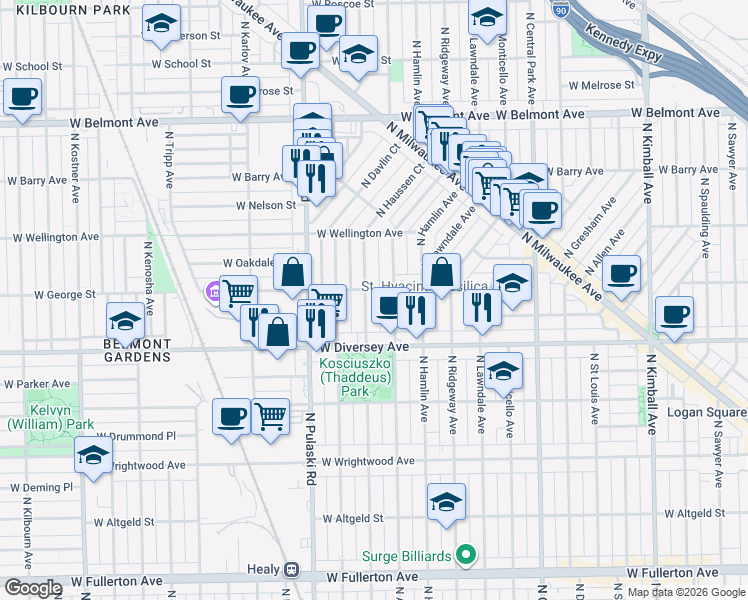 map of restaurants, bars, coffee shops, grocery stores, and more near 2907 North Springfield Avenue in Chicago