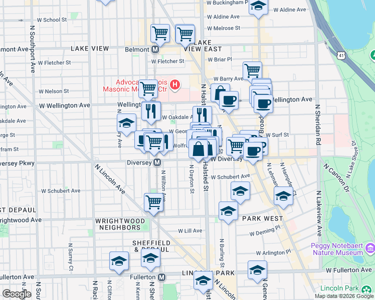 map of restaurants, bars, coffee shops, grocery stores, and more near 837 West Wolfram Street in Chicago