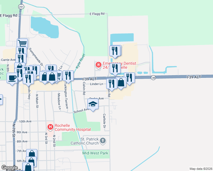 map of restaurants, bars, coffee shops, grocery stores, and more near 217 Linder Lane in Rochelle