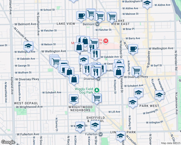 map of restaurants, bars, coffee shops, grocery stores, and more near 1015 West Wolfram Street in Chicago
