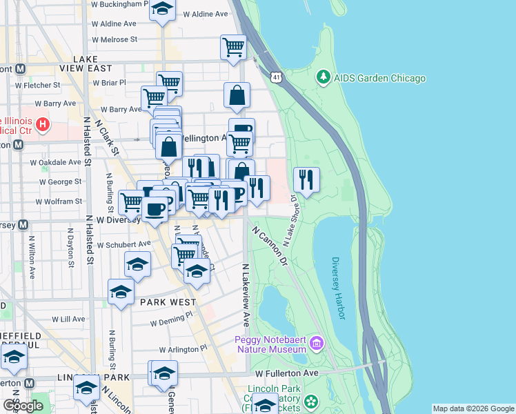 map of restaurants, bars, coffee shops, grocery stores, and more near 340 West Diversey Parkway in Chicago