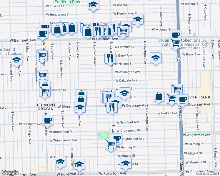 map of restaurants, bars, coffee shops, grocery stores, and more near 5206 West George Street in Chicago
