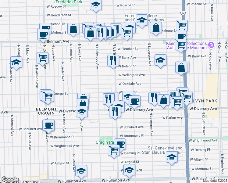 map of restaurants, bars, coffee shops, grocery stores, and more near 2900 North Laramie Avenue in Chicago