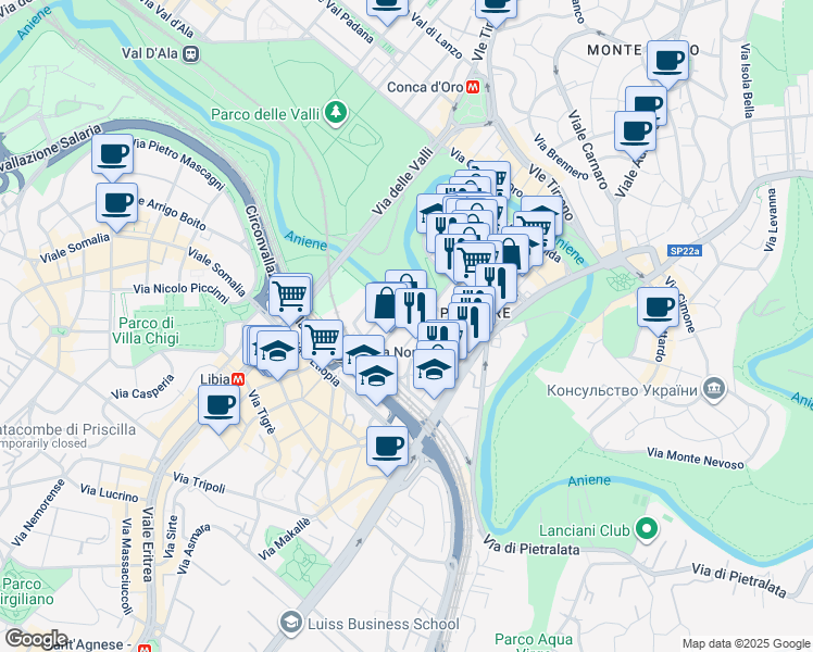 map of restaurants, bars, coffee shops, grocery stores, and more near 31 Via Val Chisone in Roma