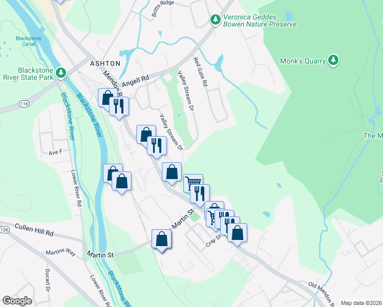 map of restaurants, bars, coffee shops, grocery stores, and more near 33 Barway Lane in Cumberland