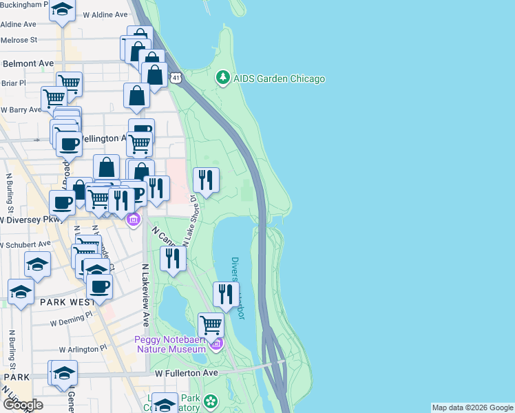 map of restaurants, bars, coffee shops, grocery stores, and more near 140 West Diversey Parkway in Chicago