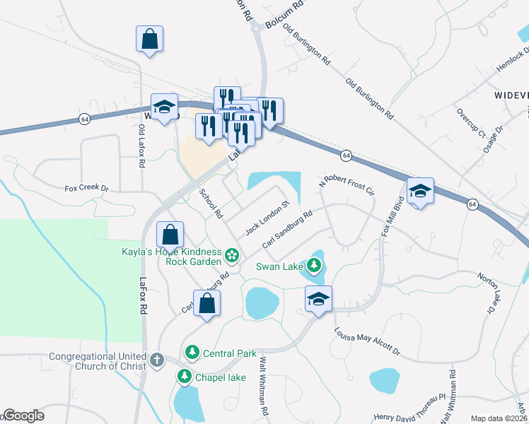 map of restaurants, bars, coffee shops, grocery stores, and more near 40W105 James Michener Drive in St. Charles