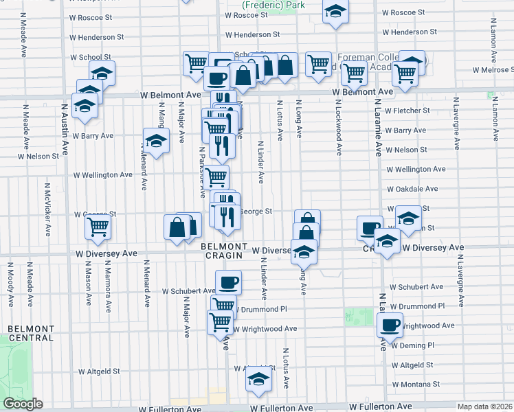 map of restaurants, bars, coffee shops, grocery stores, and more near 2925 North Linder Avenue in Chicago