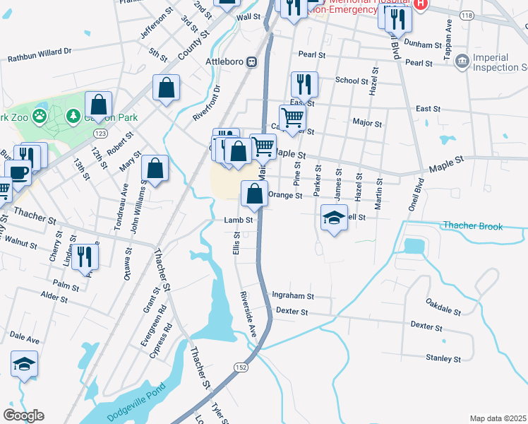 map of restaurants, bars, coffee shops, grocery stores, and more near 5 Orange Street in Attleboro