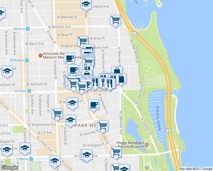 map of restaurants, bars, coffee shops, grocery stores, and more near 501 West Surf Street in Chicago