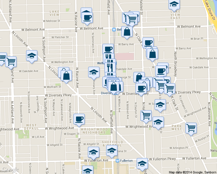 map of restaurants, bars, coffee shops, grocery stores, and more near 2844 North Sheffield Avenue in Chicago
