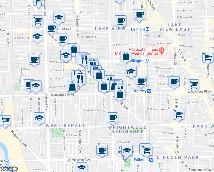 map of restaurants, bars, coffee shops, grocery stores, and more near 2853 North Lincoln Avenue in Chicago