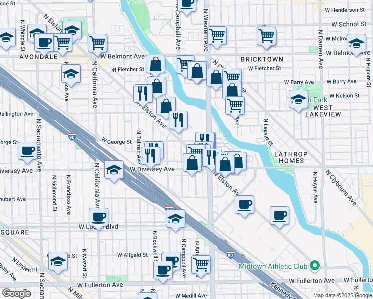 map of restaurants, bars, coffee shops, grocery stores, and more near 2881 North Elston Avenue in Chicago