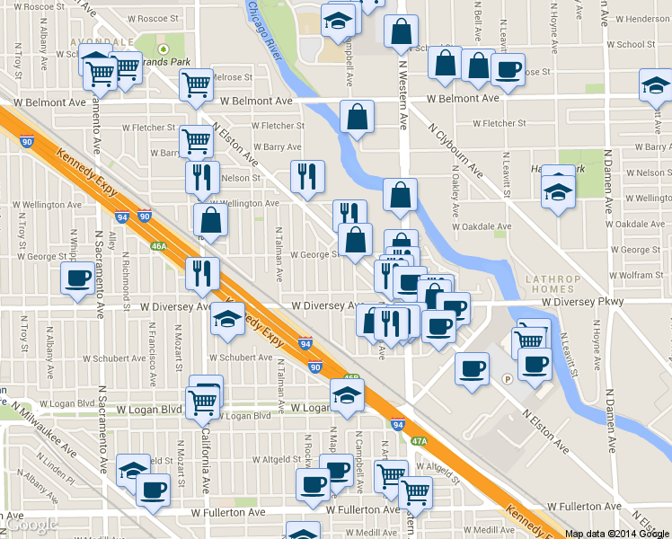 map of restaurants, bars, coffee shops, grocery stores, and more near 2526 West George Street in Chicago