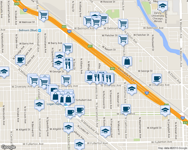 map of restaurants, bars, coffee shops, grocery stores, and more near 3022 West George Street in Chicago