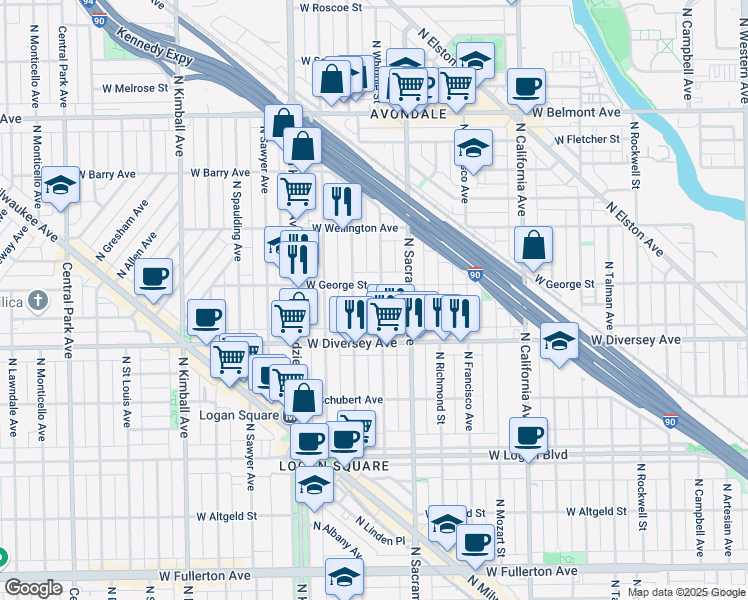 map of restaurants, bars, coffee shops, grocery stores, and more near 3022 West George Street in Chicago