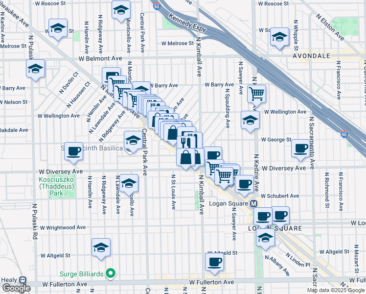 map of restaurants, bars, coffee shops, grocery stores, and more near 2922 North Wisner Avenue in Chicago