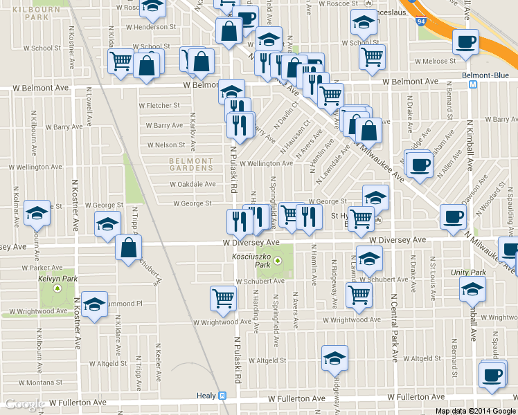 map of restaurants, bars, coffee shops, grocery stores, and more near 2910 North Harding Avenue in Chicago