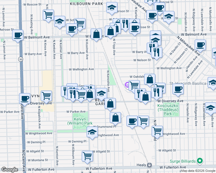 map of restaurants, bars, coffee shops, grocery stores, and more near 2945 North Kenosha Avenue in Chicago