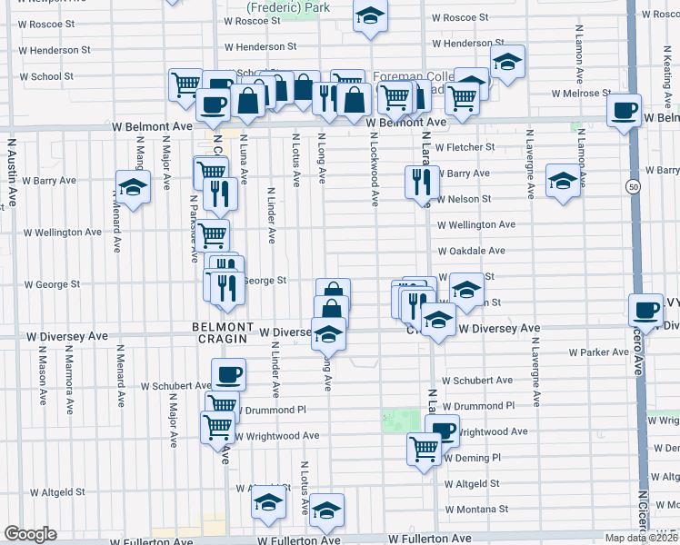 map of restaurants, bars, coffee shops, grocery stores, and more near 5339 West Oakdale Avenue in Chicago