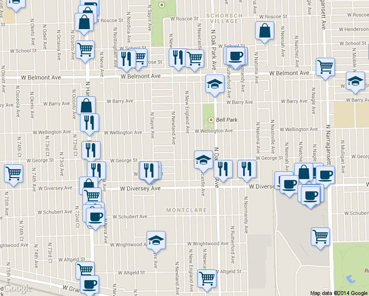 map of restaurants, bars, coffee shops, grocery stores, and more near 2946 North New England Avenue in Chicago