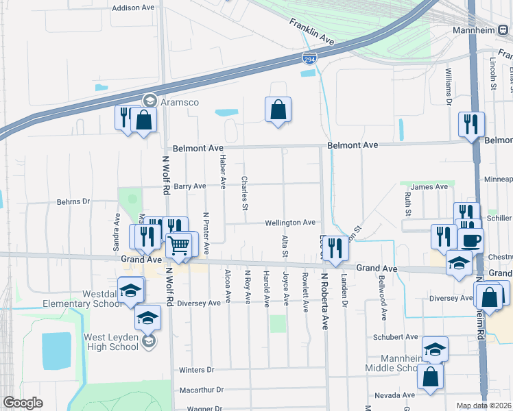 map of restaurants, bars, coffee shops, grocery stores, and more near 10939 Barry Avenue in Melrose Park