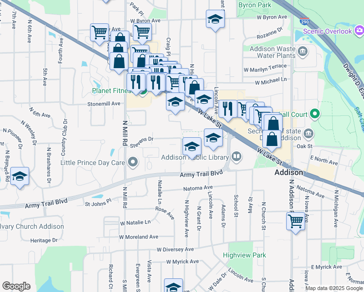 map of restaurants, bars, coffee shops, grocery stores, and more near 414 Highview Avenue in Addison