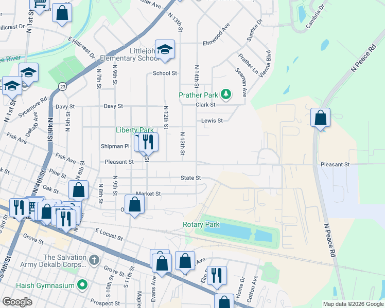 map of restaurants, bars, coffee shops, grocery stores, and more near 631 North 14th Street in DeKalb