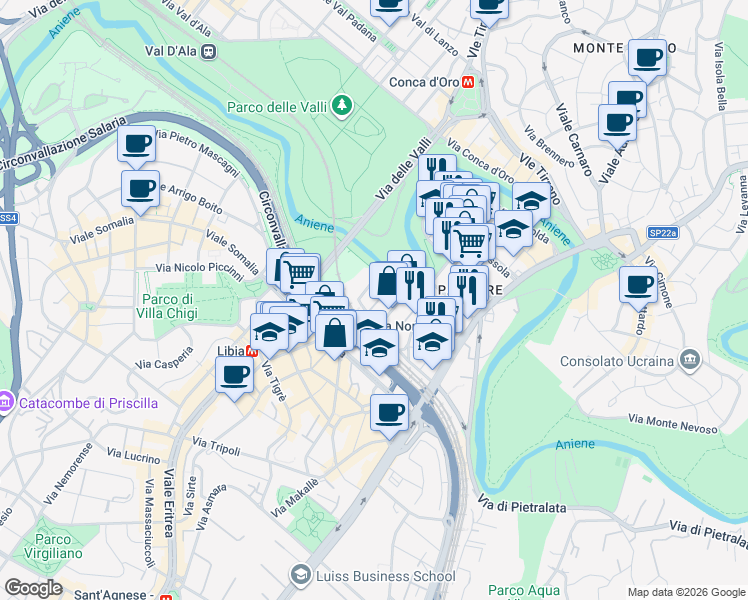 map of restaurants, bars, coffee shops, grocery stores, and more near 63-65 Via dei Campi Flegrei in Rome