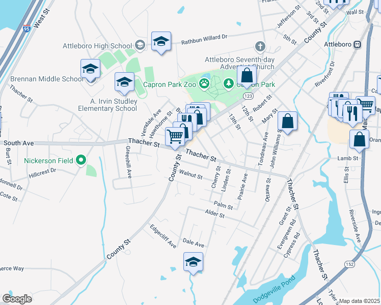 map of restaurants, bars, coffee shops, grocery stores, and more near 386 Thacher Street in Attleboro