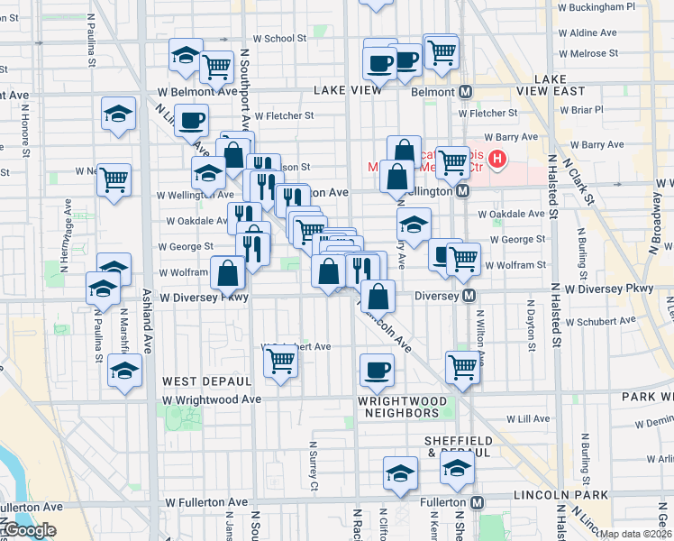 map of restaurants, bars, coffee shops, grocery stores, and more near 2853 North Lincoln Avenue in Chicago